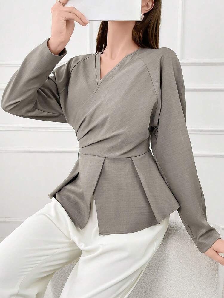 Women's Casual Solid Color Wrap Waist Long Sleeve Shirt, Spring/Summer
