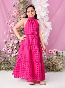 SHEIN Tween Girls Extended Size, Elegant & Sleeveless Stand Collar Sling Dress, Woven And Solid Color, Spring & Summer