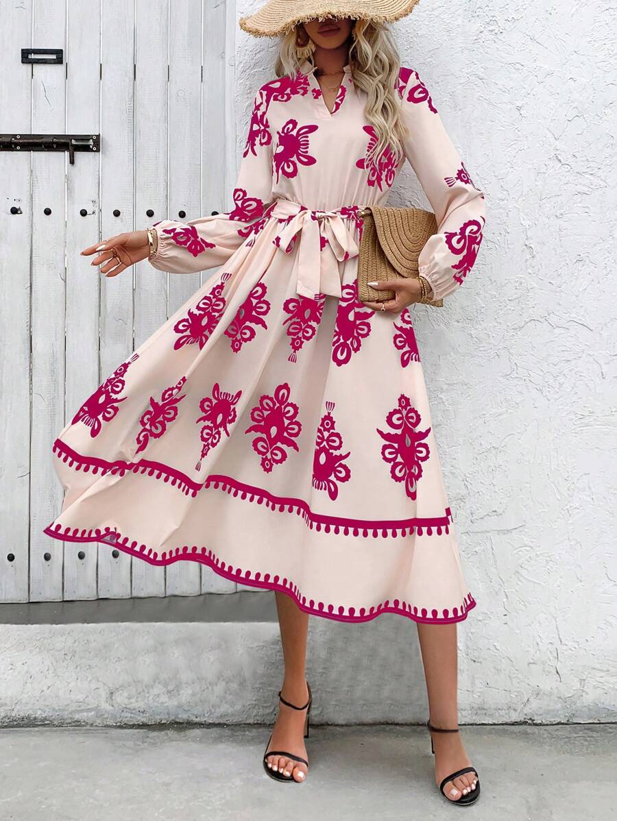 SHEIN Clasi Vestido largo a línea para mujer con estampado de moda y cintura ajustada - Rosa Fucsia - Ver 1