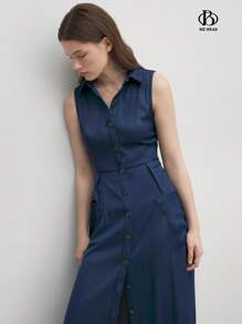 BizChic Waist-Cinching Long Work Dress With Pockets, Turndown Collar, Navy Blue - Navy Blue - View 6