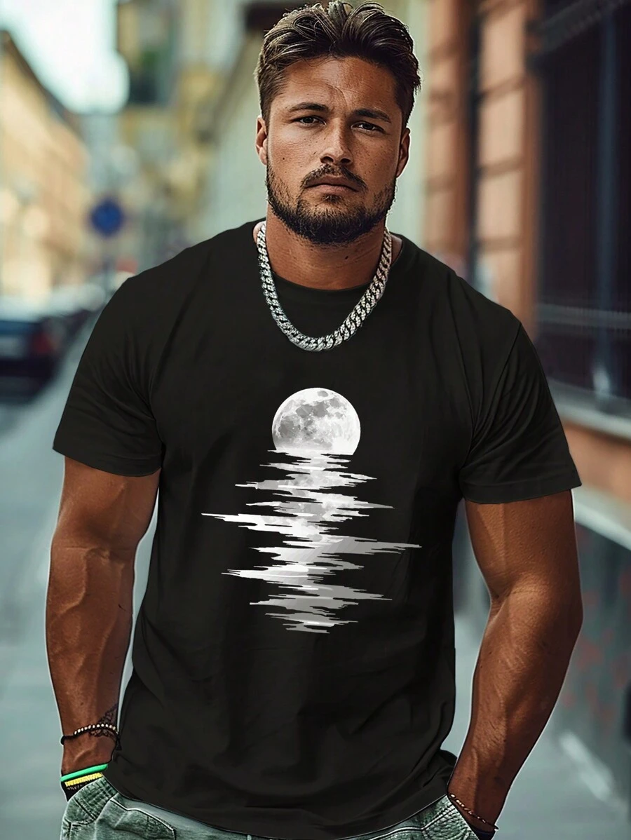 Herren T-Shirt in Große Größen mit MondMuster - Schwarz - Übersicht 1