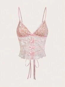 SHEIN EZwear 女士蕾絲邊細肩帶背帶束繩背心 - 粉色 - 查看 4