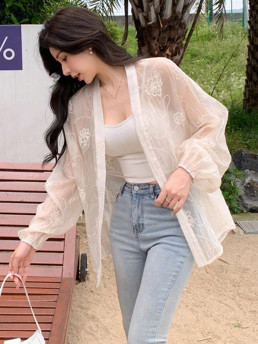 DAZY 透明纹理提花长袖女式衬衫夏季透明学院风上衣