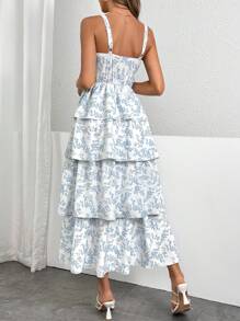 SHEIN Privé 華麗花卉全印花綁腰細肩帶女裝連身裙，適用於夏季 - 藍色 - 查看 2