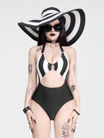 ROMWE Goth Traje de baño de una pieza con escote halter, bloques de color, rayas y calado para vacaciones en la playa, Halloween