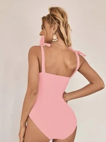 SHEIN Swim Women's Summer Beach Solid Color Shoulder Knot Casual One-Piece Swimsuit - Pink - View 2
