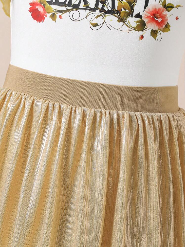 Tween Girl 2pcs/Set Elegant Flutter Sleeve Top And Sparkly Skirt Printed T-Shirt