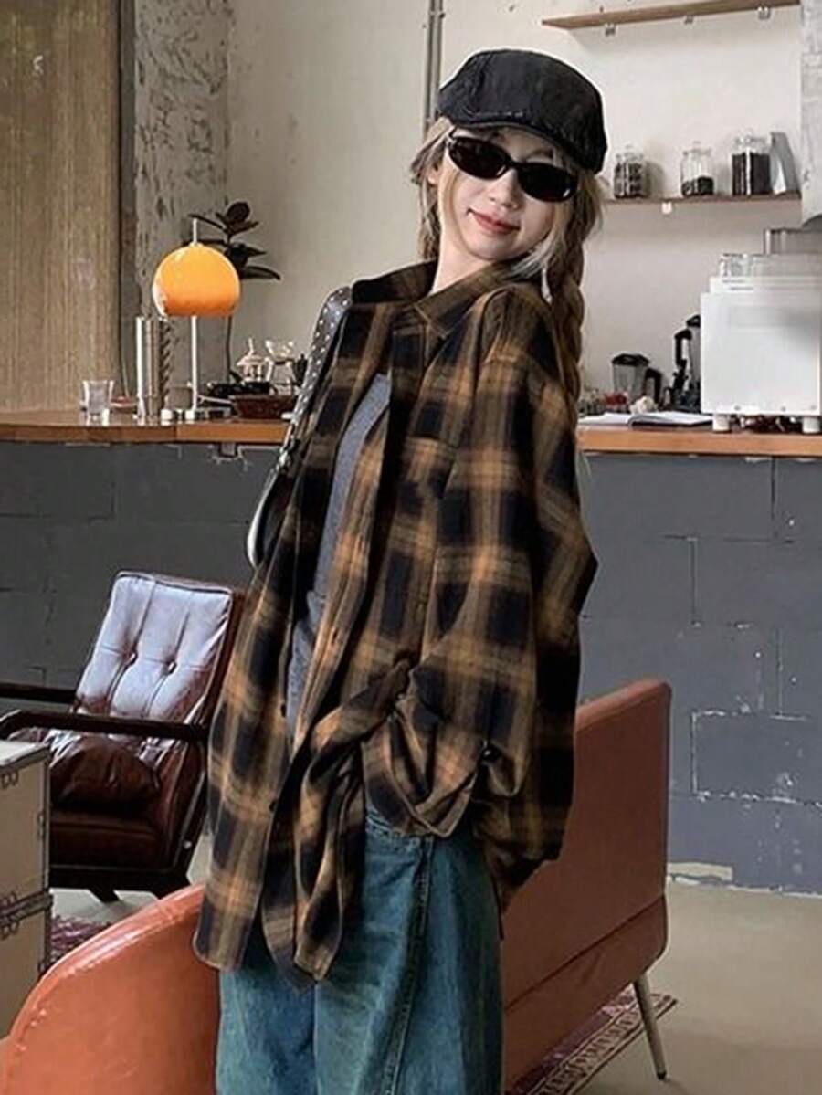Women's Drop Shoulder Long Sleeve Loose Plaid Casual Blouse, Spring/Autumn,Long Sleeve Tops