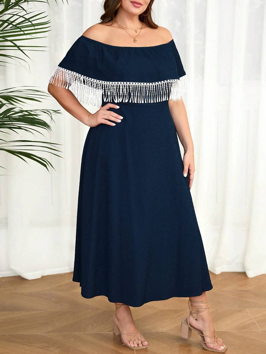 Mulvari Plus Size Women's Patchwork Tassel Off Shoulder Dress