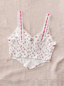 Soleia WYWH Women's Holiday Vacation Lace Patchwork Floral White Tank Top, Rustic Tie-Front Bow Lace Cami, Red Floral Curved Hem Tank Top, Lunch - Red and White - View 2