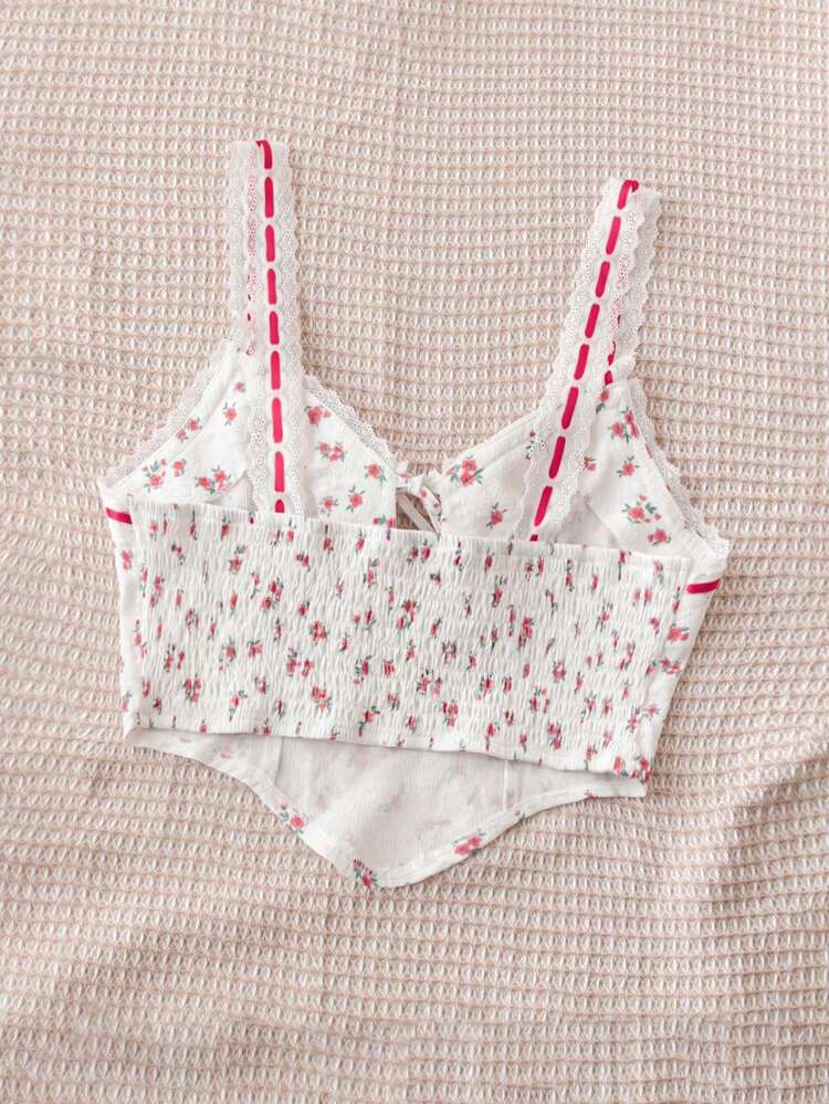 WYWH Women's Holiday Vacation Lace Patchwork Floral White Tank Top, Rustic Tie-Front Bow Lace Cami, Red Floral Curved Hem Tank Top, Lunch