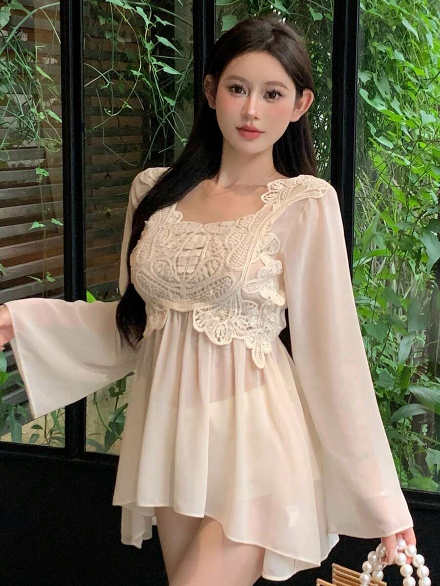 DAZY 女士蕾丝拼接假两件长袖衬衫、荷叶边、娃娃装上衣 - 杏色 - 查看 1