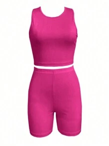 SHEIN Slayr 大尺碼女士素淨日常兩件套裝 - 玫紅色 - 查看 3