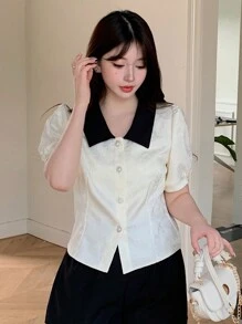 DAZY Áo sơ mi tay phồng có cổ màu khối thường ngày mùa hè dành cho nữ - Màu be - Xem 4