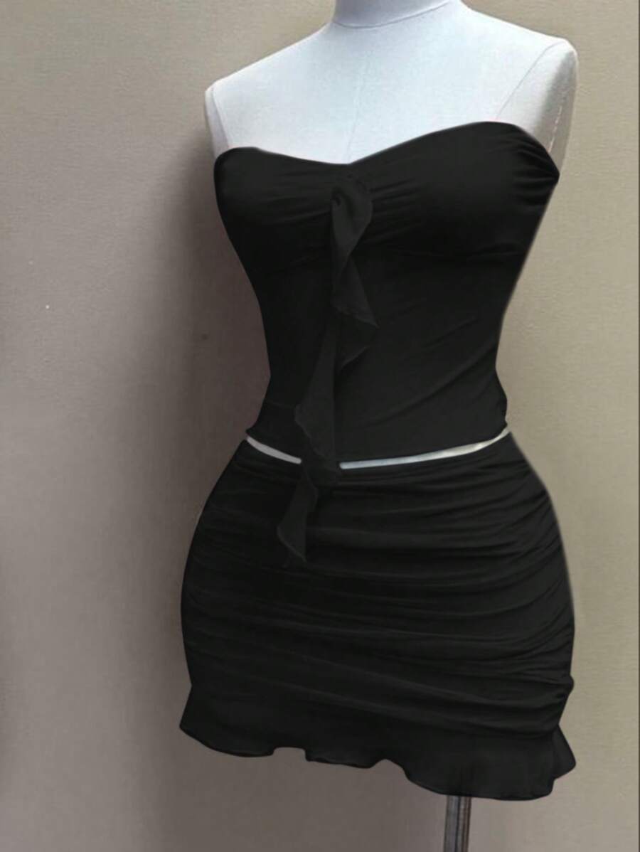 SHEIN EZwear 夏季性感網紗無肩帶上衣和褶皺迷你裙套裝