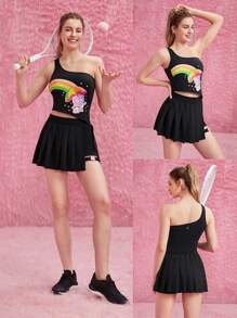 GLOWMODE與Care Bears™合作推出的FeatherFit™單肩側開叉運動背心，低影響瑜伽或日常運動配戴 - 黑色 - 查看 10