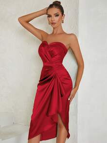 Simple And Sexy Strapless Backless Side Split Pleated Bodycon Dress For Women - Red - View 4