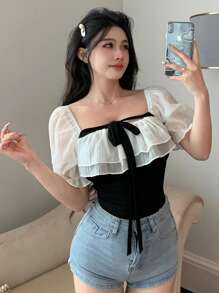 DAZY Áo cánh tay ngắn phối ren vá ngày lễ tình nhân dành cho nữ mùa hè, áo kiểu dáng preppy xếp nếp - màu đen - Xem 9