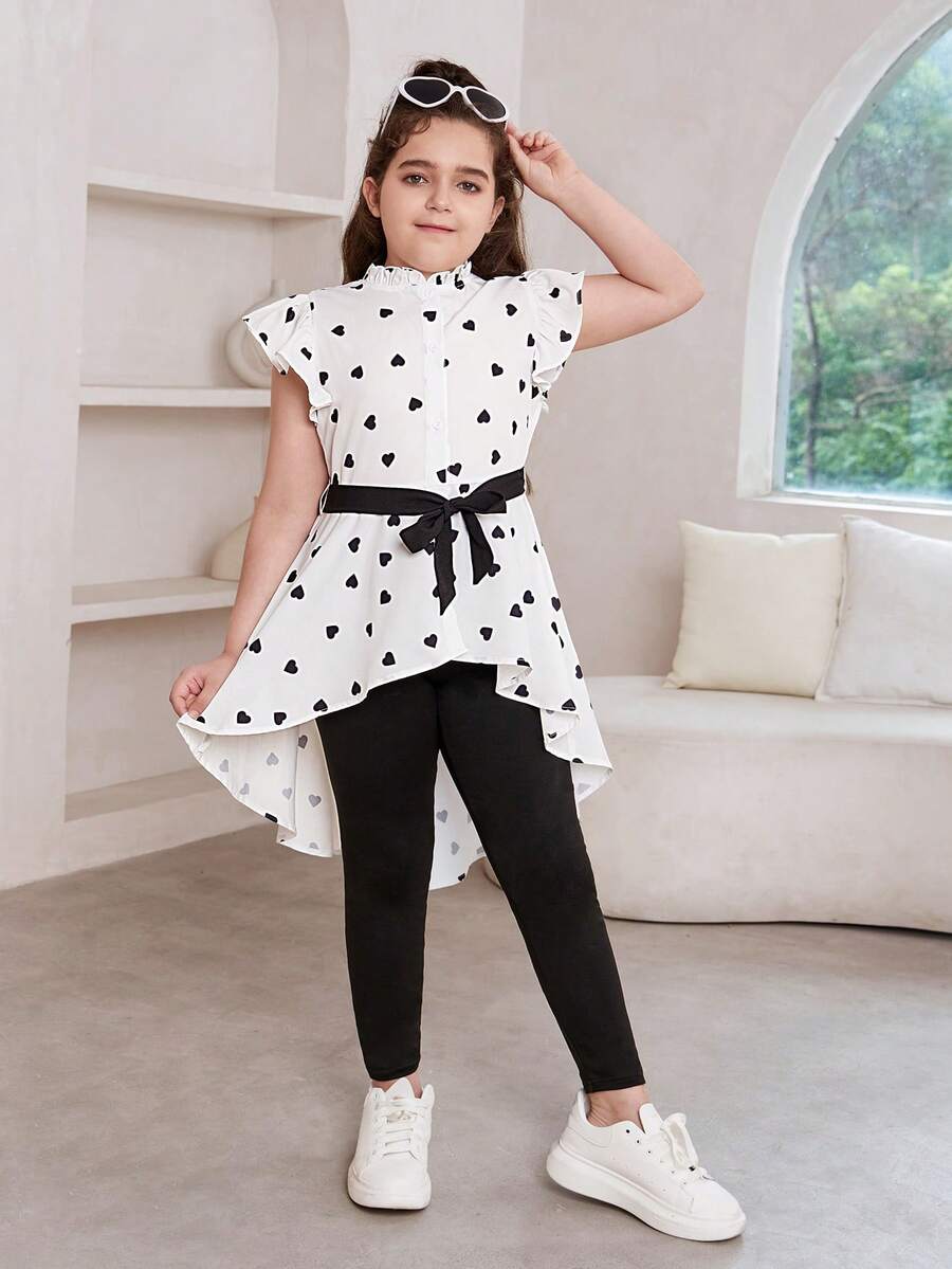 SHEIN Bộ áo sơ mi tay lỡ chấm bi thanh lịch cỡ lớn cho bé gái tuổi mới lớn kèm quần dài dệt kim trơn cho mùa xuân/hè - Đen và trắng - Xem 1