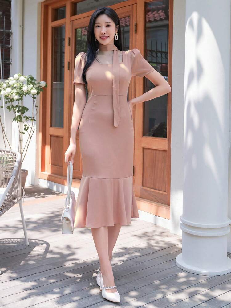 Women's Solid-Colored Square Neck Short Sleeve Dress, Ruffle, Dress For Wedding Dress