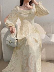 Modelyn 女士春夏優雅長款花紋氣球袖連衣裙 - 杏色 - 查看 6