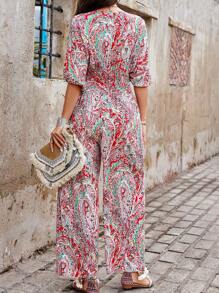 SHEIN LUNE Enterizo de verano fruncido con estampado aleatorio, perfecto para vacaciones - Multicolor - Ver 2