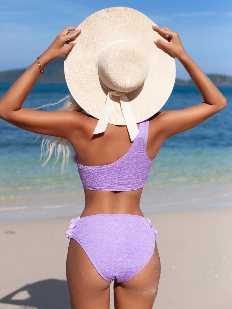 Summer Women's Solid Color 3D Flower Decor One Shoulder Sexy Bikini Set For Vacation