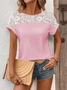 SHEIN LUNE 女士優雅蕾絲拼接圓領蝙蝠短袖T恤，夏季款 - 粉色 - 查看 5