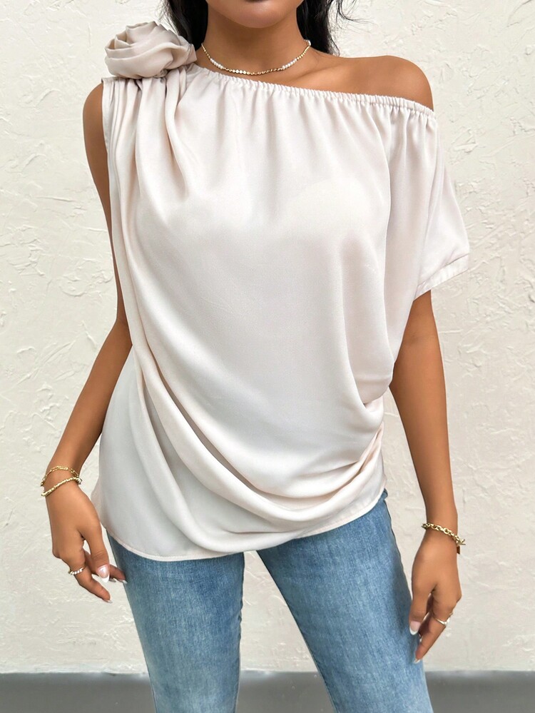 SHEIN Privé Áo sơ mi trơn bất đối xứng thanh lịch mùa hè có họa tiết hoa 3D - Màu be - Xem 7