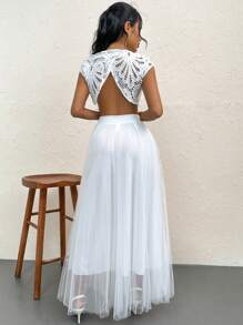 Firerie Áo crop top hở lưng phối ren màu trơn & thanh lịch lãng mạn & thanh lịch dành cho nữ, thích hợp để hẹn hò, tụ tập, tiệc tùng và đi nghỉ hàng ngày - trắng - Xem 2