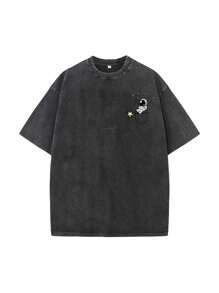 Hemo, Hemo, Men's Summer Astronaut Print Round Neck Short Sleeve Distressed Washed T-Shirt - Black - View 1