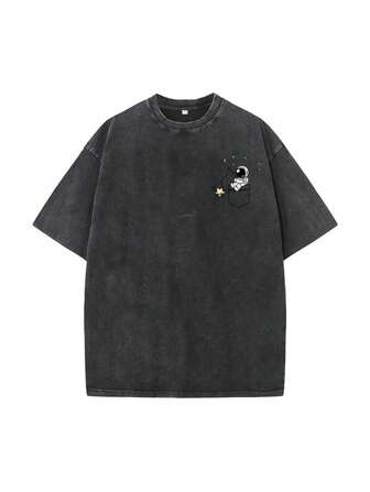 男式夏季宇航员印花做旧水洗圆领短袖T恤，2000年代风格