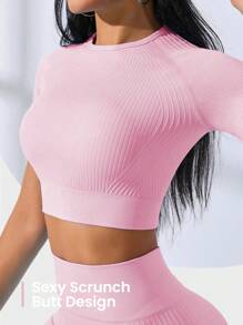 SHEIN Sports 无缝高弹力塑身收腹提臀大腿修身运动套装健身女士套装 - 粉色 - 查看 6