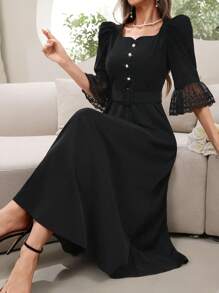 Modelyn Women's Button Decorated Patchwork Embroidered Mesh Trumpet Sleeve Long Elegant Arabian Dress,Elegant Evening Party Dress Long Evening Dresses