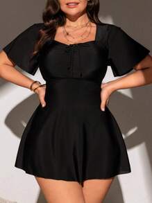 Swim Lushoire Plus Size Summer Solid Color Swim Dress With Sweetheart Neckline, Knotted Hem,Summer Beach