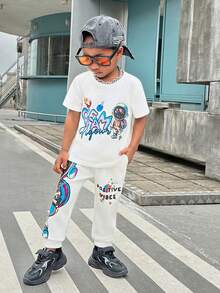 SHEIN 男小童字母和宇航員印花T恤和運動褲 - 白色 - 查看 3