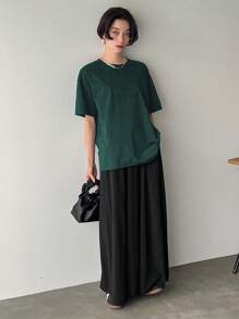 FRIFUL Women's Summer Loose Fit Casual T-Shirt With Letter Embossed Round Neckline And Drop Shoulder Sleeves