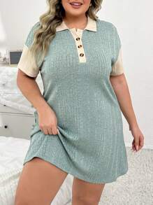 Große Größen Farbblockhemd-Schlafkleid mit halbem Kragen und Flaum
