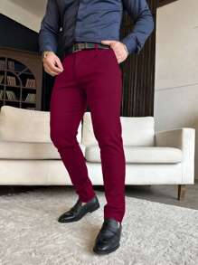 Manfinity Mode Men Plain Simple Business Dress Pants For Daily Wear, Old Money Style For Ceremony - Burgundy - View 3