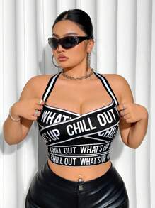 SHEIN ICON Plus Size Letter Graphic Halter Neck Tank Top, Summer - Black and White - View 5