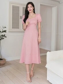 DAZY Vestido de mujer de manga corta con cuello de rhinestones de tela texturizada de unicolor, con mangas abullonadas y volantes, para el verano - Rosa - Ver 3