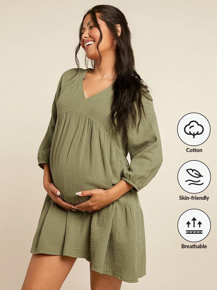 SHEIN Maternity Linen Short Loose Weave Solid Color Dress With V-Neckline & Short Sleeves, For Leisure & Home Wear