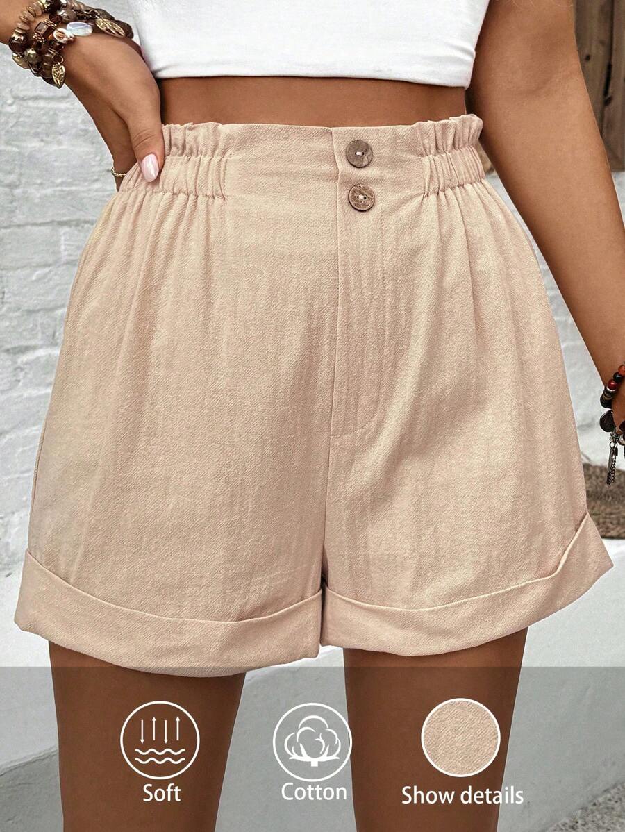 EMERY ROSE Bermudas informales de lino para mujer en unicolor con dobladillo enrollado, estilo de vacaciones - Caqui - Ver 1