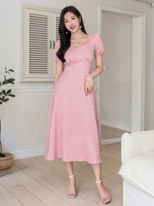 DAZY Vestido de mujer de manga corta con cuello de rhinestones de tela texturizada de unicolor, con mangas abullonadas y volantes, para el verano - Rosa - Ver 6