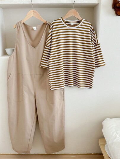 SHEIN Tween Girl Loose Fit Casual Striped Drop Shoulder T-Shirt And Wide Leg Jumpsuit, 2pcs/Set