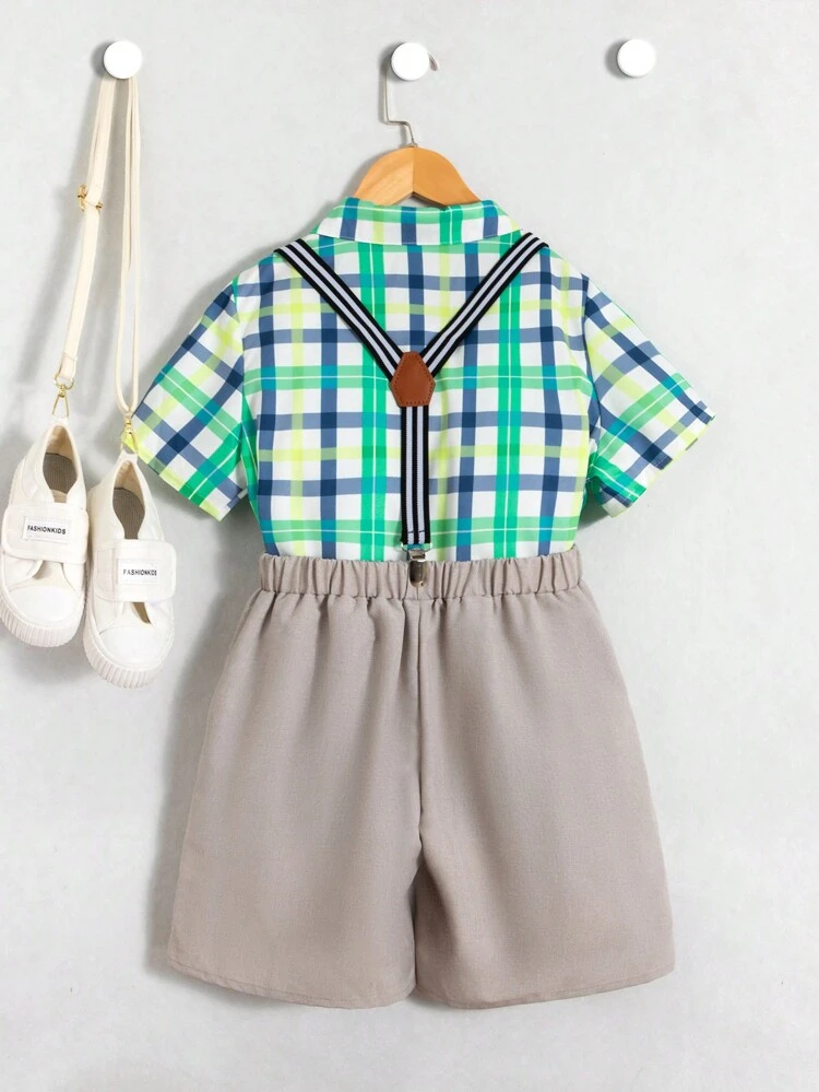 2pcs/Set Tween Boy Elegant Gentleman Suspender Pants With Shirt, Bowtie, Perfect For Holidays And Wedding Season