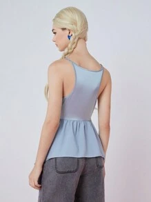 SHEINNeu Women's Summer Fashion Solid Color Asymmetrical Hem Ruffle Trim Camisole Top - Dusty Blue - View 2