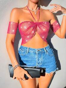 Zolique Women Sexy Summer Rhinestone Fishnet Backless Crop Top With Halter Neck - Hot Pink - View 1