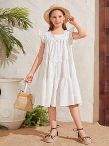 Tween女孩寬鬆版假日方領拼布短袖蝴蝶袖中長裙 - 白色 - 查看 7