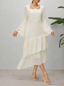 Modelyn Váy Xuân/Hè Màu Trơn Thanh Lịch Cổ Vuông Xù Viền Tay Loe - Màu be - Xem 6